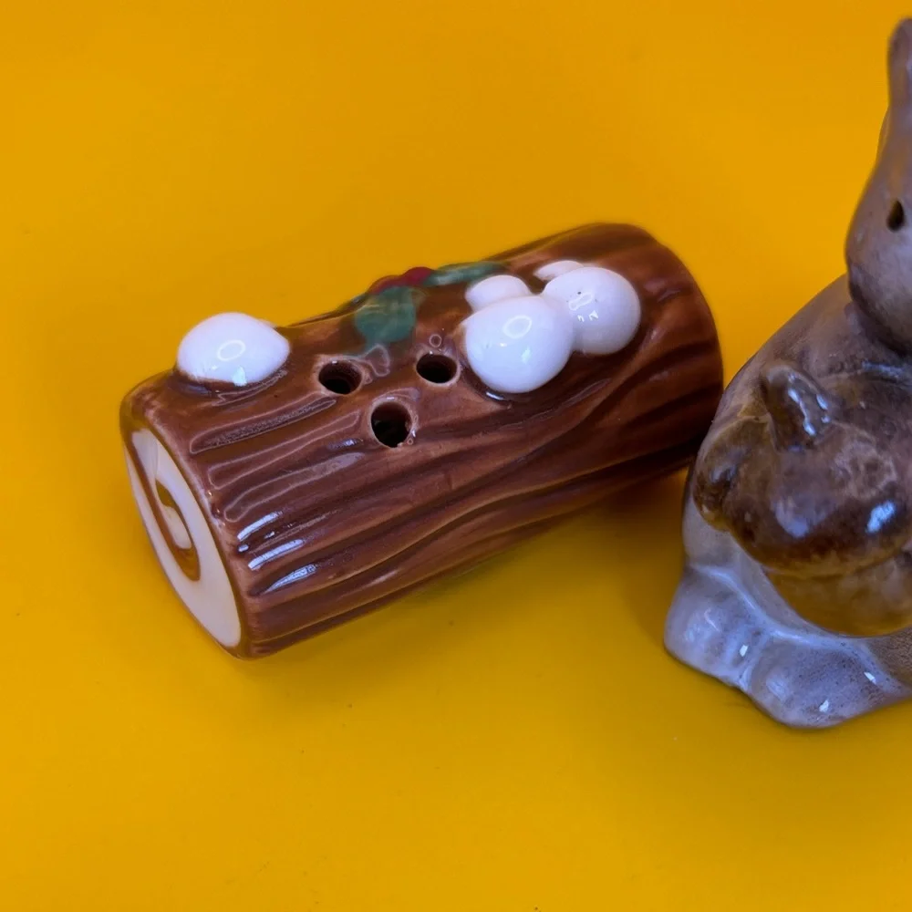Ceramic Squirrel and Log Salt and Pepper Shakers